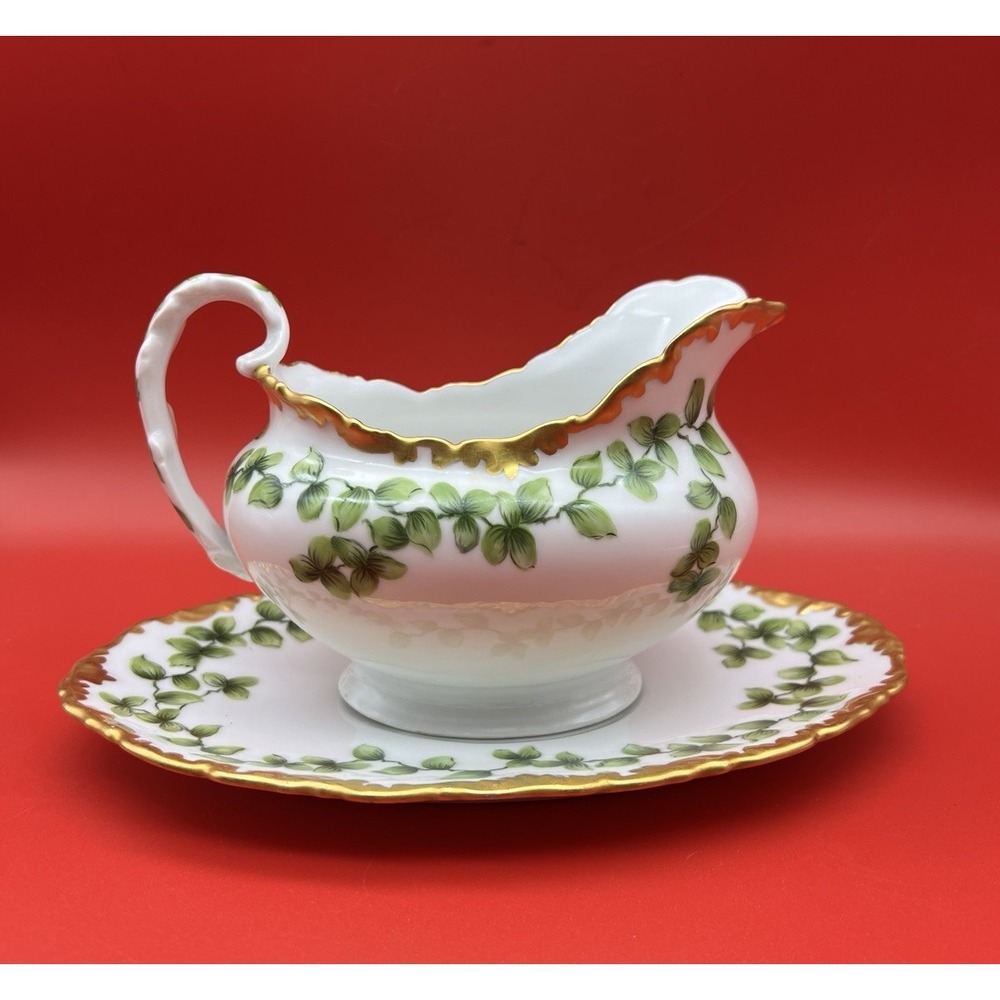 Antique T&V Limoges France Porcelain Large Gravy Boat/Sauce Server & Underplate